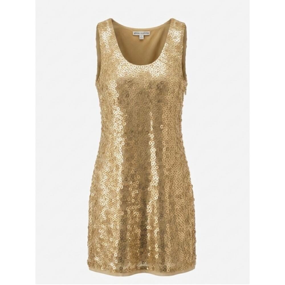 Alice + Olivia Gold Sequin Mini Shift Dress 100% Silk Lined Size Small